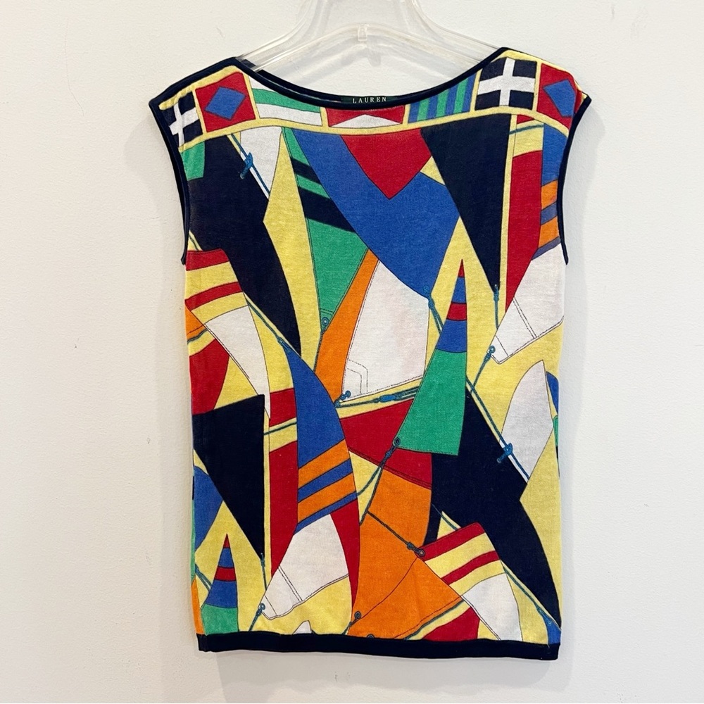Lauren Ralph Lauren Top Womens Medium Petite PM Linen Blend Nautical Colorful